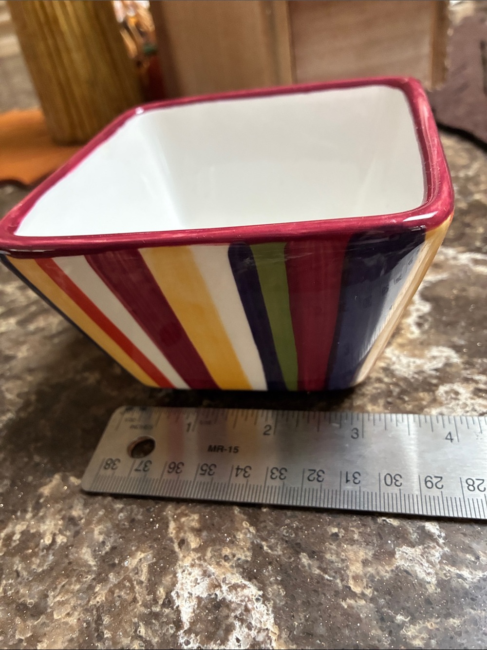 Pampered Chef Multicolor Striped Ceramic Square Bowl with Red Rim